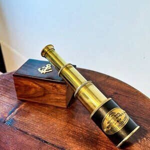 Victorian Nautical Style Brass Leather Telescope with Wooden Box Maritime Decor